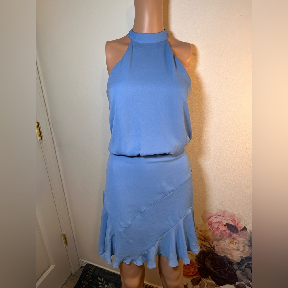 NEW krisa Asymmetrical Flare Halter Mini Dress in Sky Light Blue XS XSmall - Picture 3 of 6